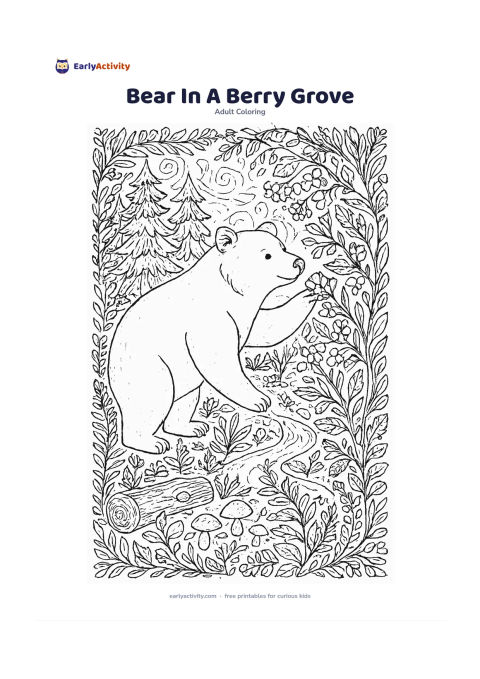 Colouring page: Draw a gentle brown bear standing beside berry bushes, reaching toward a low branch. Include pine trees, ferns, fallen logs, berries, mushrooms and a winding forest path, with a peaceful…