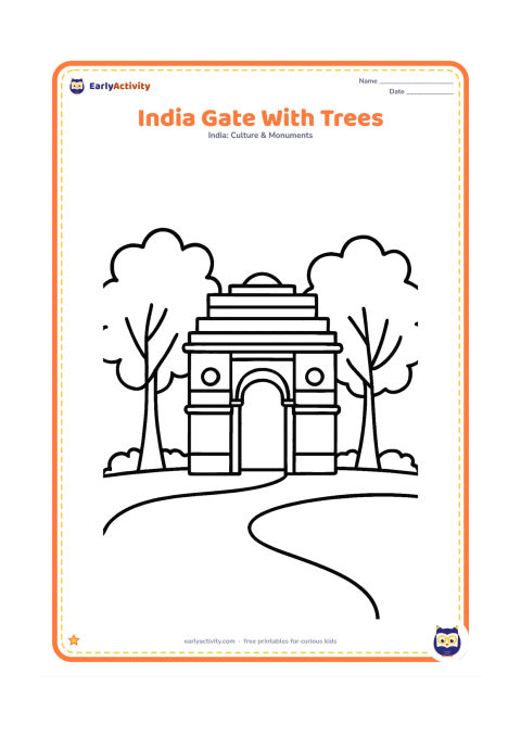 Colouring page: Draw India Gate between two large leafy trees, with a low lawn and a curved walkway in front. The arch should remain fully visible.