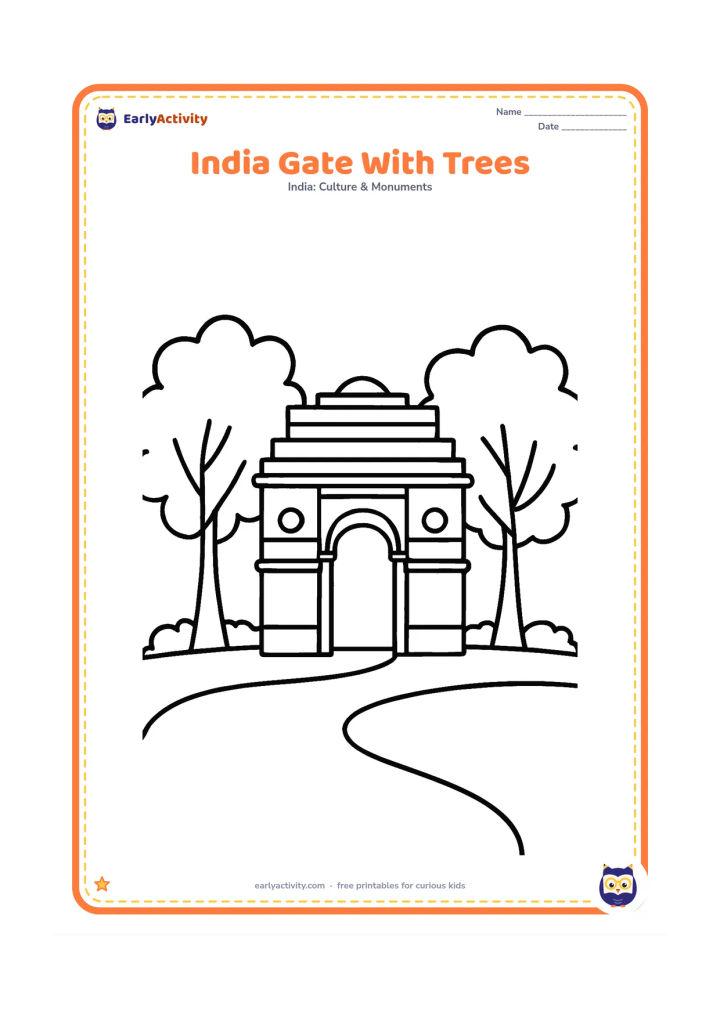Colouring page: Draw India Gate between two large leafy trees, with a low lawn and a curved walkway in front. The arch should remain fully visible.