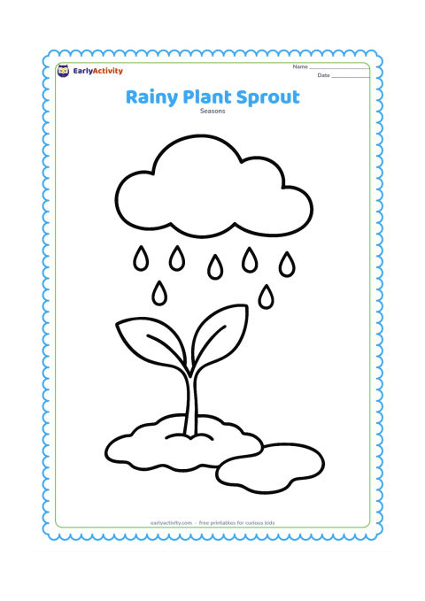 Colouring page: A tiny sprout with two large leaves grows from wet soil while gentle rain falls from a single cloud. Include one rounded puddle beside the sprout.