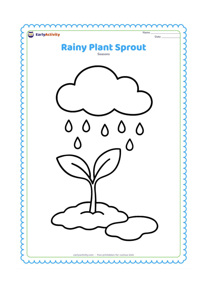 Colouring page: A tiny sprout with two large leaves grows from wet soil while gentle rain falls from a single cloud. Include one rounded puddle beside the sprout.