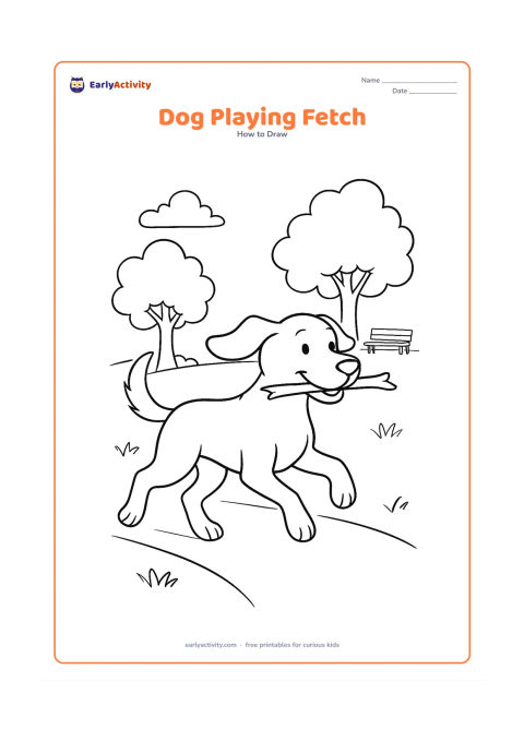 Worksheet: Show blank, unlabeled stages for a dog running and turning back with a stick in its mouth, including overlapping legs, a lifted front paw, floppy ears and a curved tail. Add a park path,…