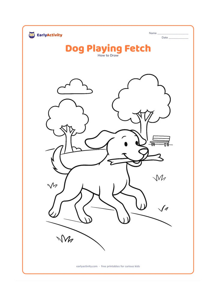 Worksheet: Show blank, unlabeled stages for a dog running and turning back with a stick in its mouth, including overlapping legs, a lifted front paw, floppy ears and a curved tail. Add a park path,…