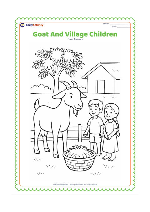 Colouring page: Draw a friendly goat standing beside two children observing it from a safe distance in an Indian village farmyard. Include a low fence, a hay basket, a neem tree, and a simple…