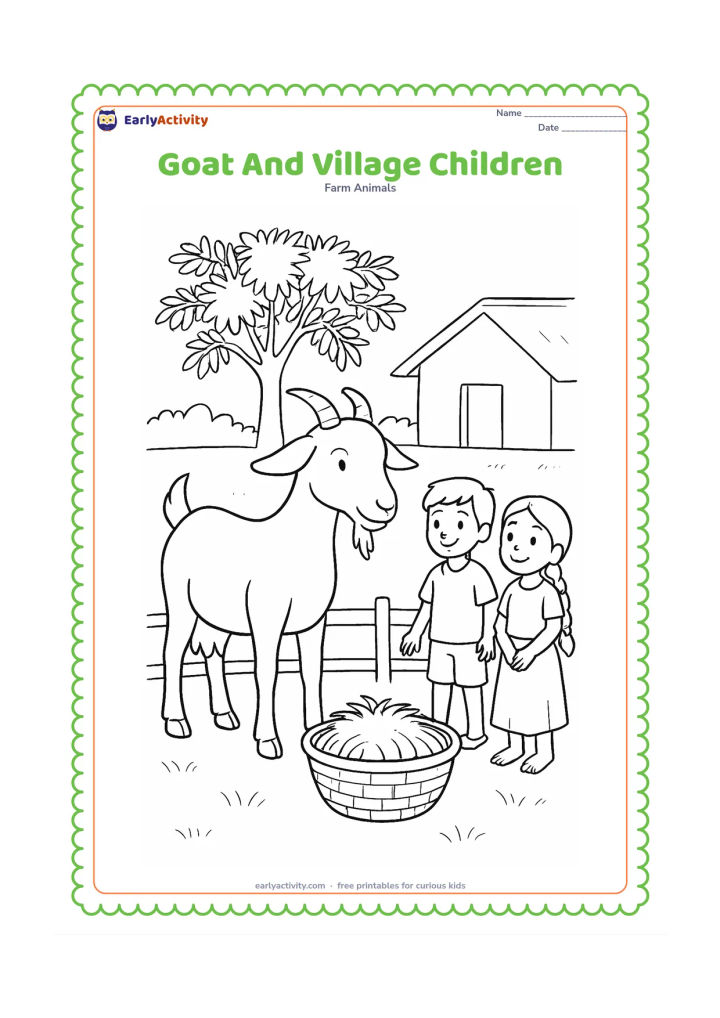 Colouring page: Draw a friendly goat standing beside two children observing it from a safe distance in an Indian village farmyard. Include a low fence, a hay basket, a neem tree, and a simple…