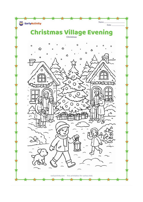 Colouring page: A detailed village scene shows families visiting warmly decorated homes at evening, with a central Christmas tree, wreaths, stockings, gifts and evergreen garlands. Include a child…