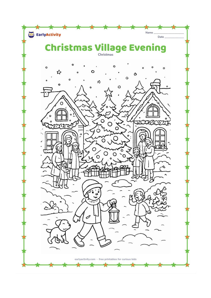 Colouring page: A detailed village scene shows families visiting warmly decorated homes at evening, with a central Christmas tree, wreaths, stockings, gifts and evergreen garlands. Include a child…