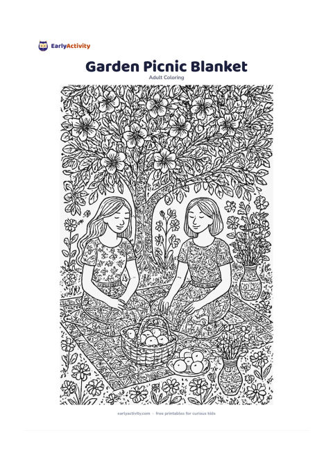 Colouring page: Draw two friends sitting on a picnic blanket beneath a flowering tree, surrounded by daisies, clover, potted flowers and leafy branches. Include a basket, fruit and a vase of freshly…