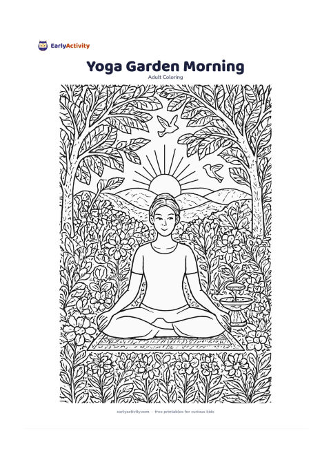 Colouring page: Draw a peaceful adult seated cross-legged on a mat in a garden at sunrise, with hands resting calmly, flowering plants, a small fountain, trees, birds and layered hills. Do not include…