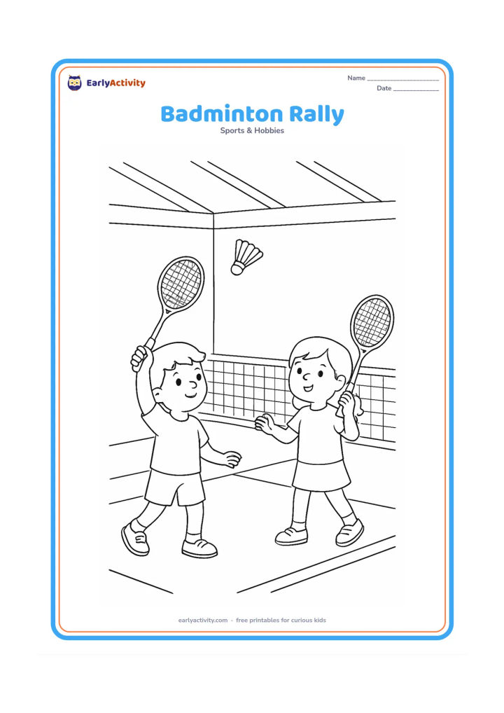 Colouring page: Two children play badminton indoors, facing each other across a net while one reaches up with a racket toward a shuttlecock. Include simple roof beams and court boundary lines.