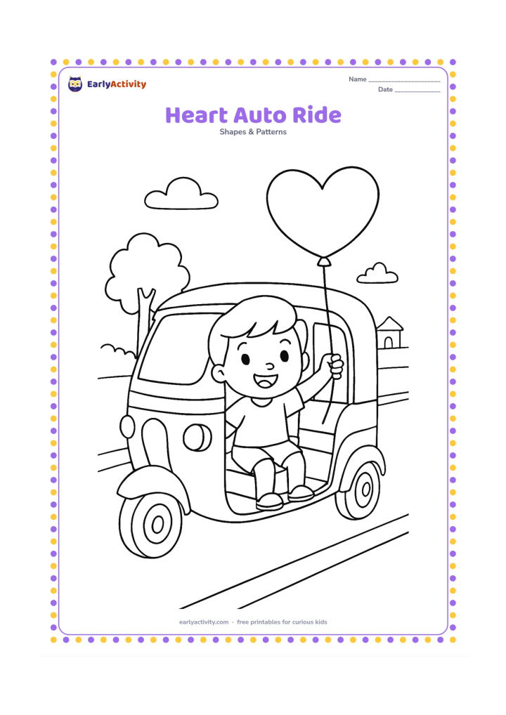 Colouring page: A cheerful child sits in the back of an auto-rickshaw holding a heart-shaped balloon, with a simple Indian street, tree, and distant house behind.