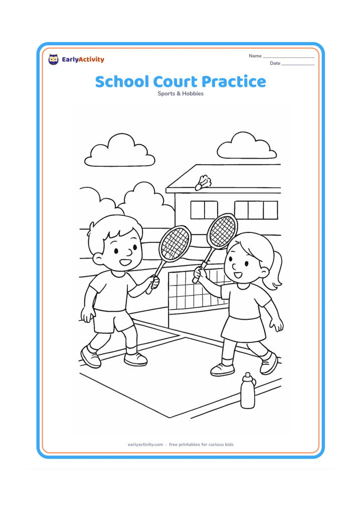 Colouring page: Draw two children practising badminton on an outdoor school court beside a low building, with a net, rackets, shuttlecock and clear boundary lines. Include a water bottle near the edge…