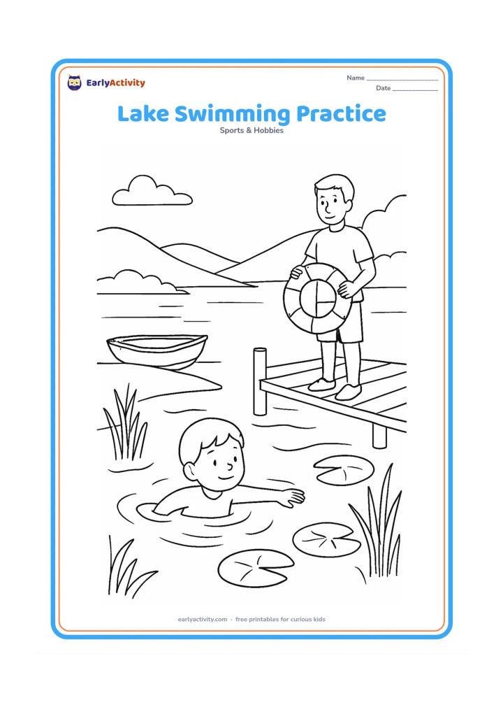 Colouring page: A child practises a gentle swim in a supervised lake area while an adult stands on a wooden platform holding a lifebuoy. Show reeds, lotus leaves, a small boat pulled safely onto shore,…