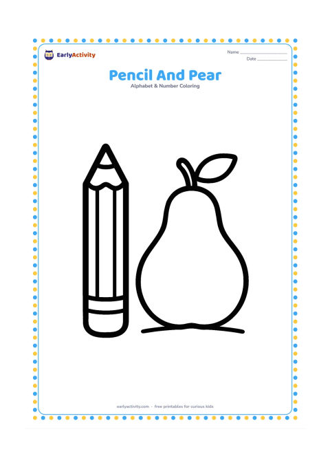 Colouring page: Draw one very large pencil beside one large pear, centered with plenty of empty space around them. Add only a small leaf and a simple ground line.