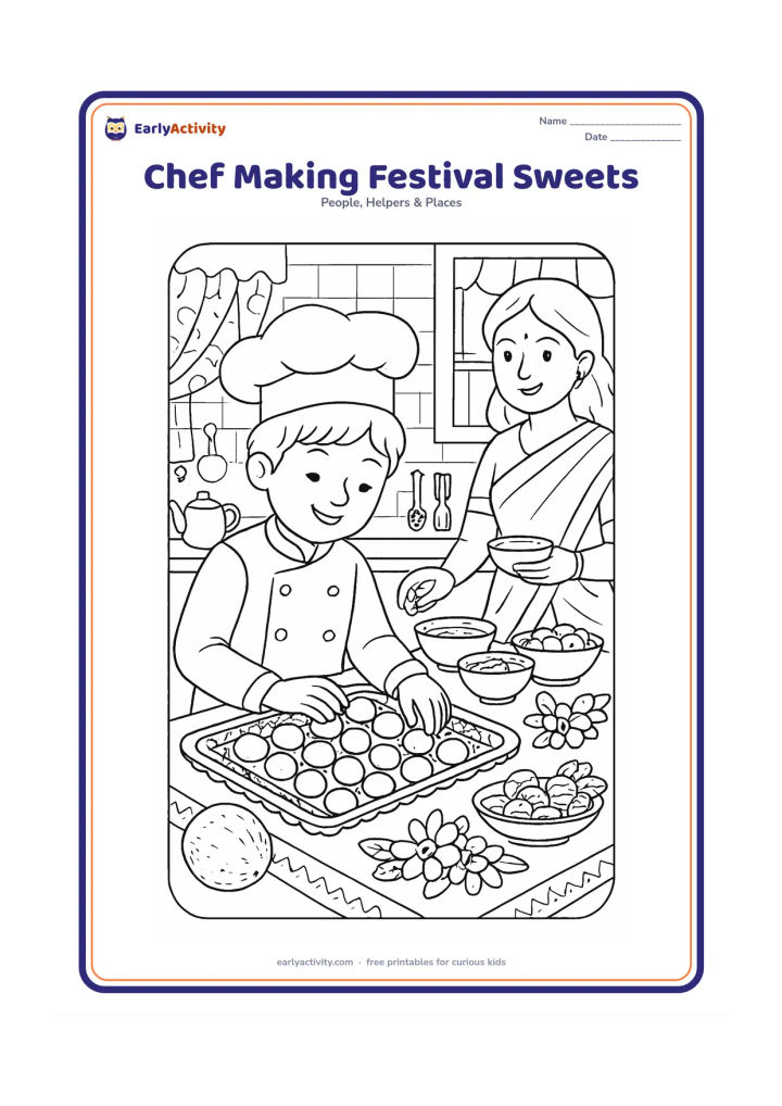 Colouring page: An older child chef shapes round sweets on a decorated kitchen tray while a family member arranges bowls of ingredients nearby. Show flowers, a simple festive table decoration, coconut,…