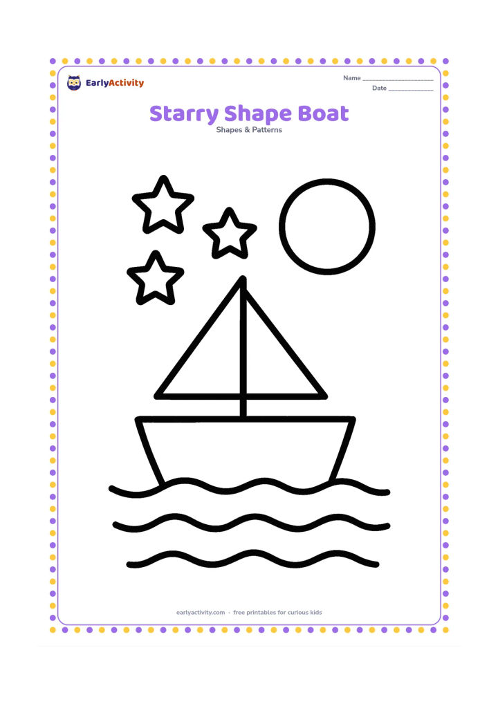 Colouring page: Draw a small boat made from a wide rectangle and a triangular sail floating on simple curved waves. Place three large stars and a round moon in the sky.