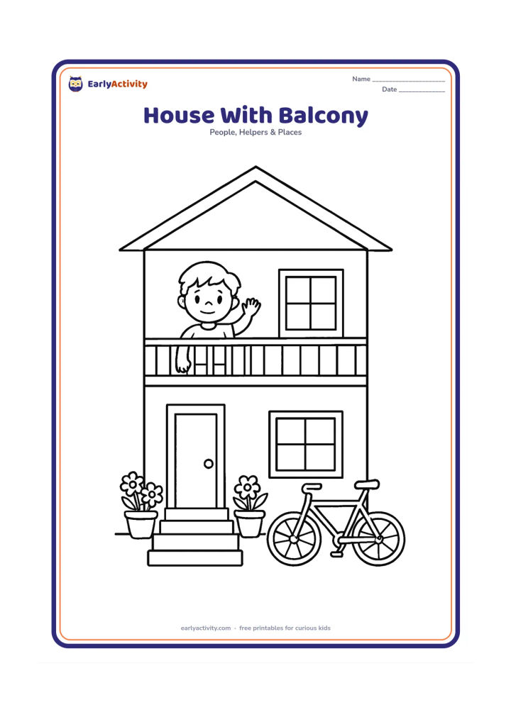 Colouring page: Draw a two-storey home with a balcony, railing, roof, front door, windows, stairs and flowering pots. A child stands on the balcony waving while a bicycle rests near the entrance.