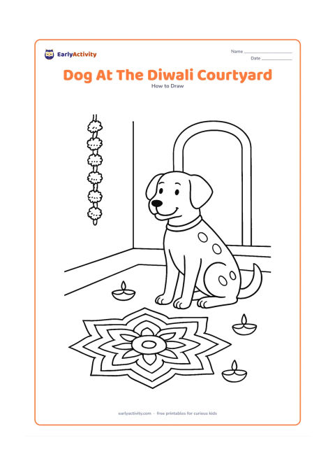 Worksheet: Show blank, unlabeled stages for a friendly dog sitting in an Indian home courtyard beside a rangoli pattern, flower garland and small unlit diyas. Add a plain collar, spotted fur and a…