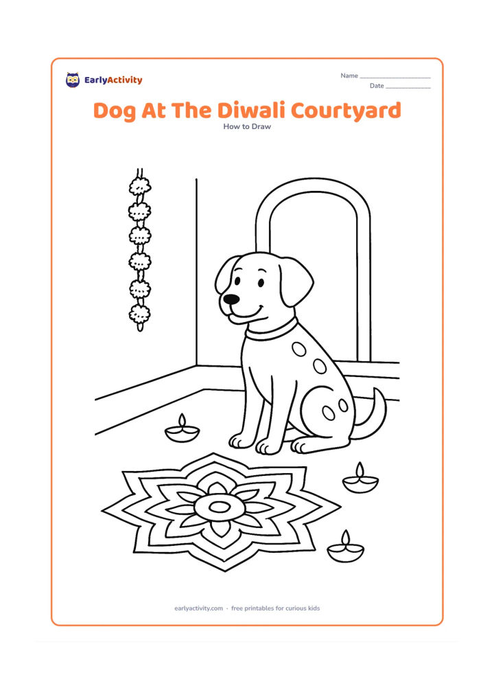 Worksheet: Show blank, unlabeled stages for a friendly dog sitting in an Indian home courtyard beside a rangoli pattern, flower garland and small unlit diyas. Add a plain collar, spotted fur and a…
