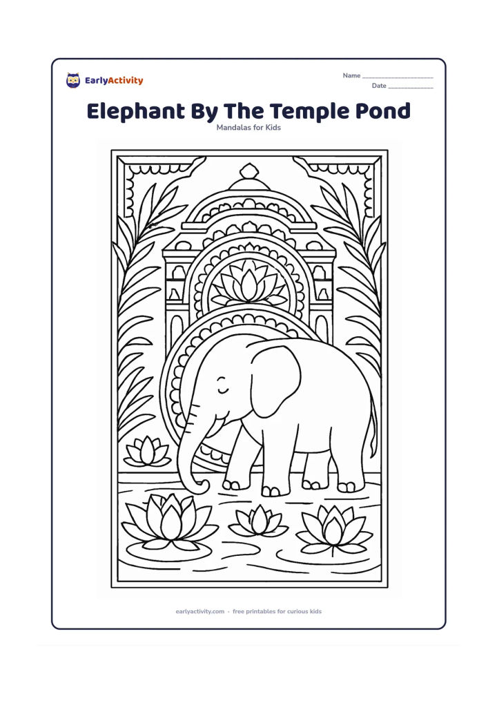 Colouring page: A calm elephant drinks at a lotus pond in the centre of a detailed round mandala. Surround it with an Indian temple-style arched gateway, repeated lotus petals, carved-looking border…