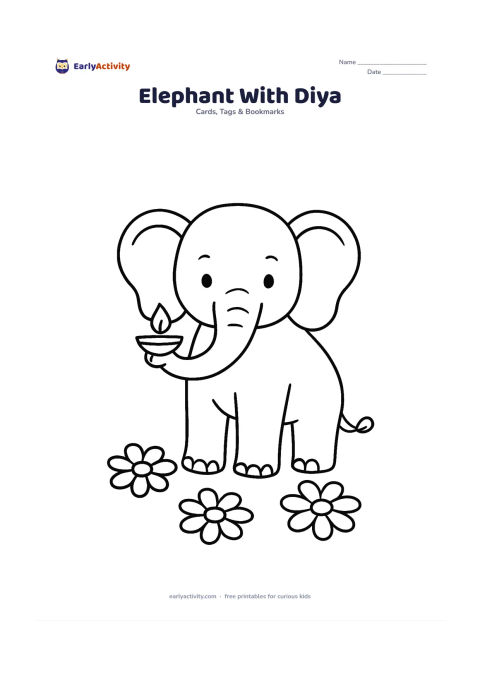 Worksheet: Draw a friendly Indian elephant facing forward, holding a small diya carefully in its raised trunk. Add three large flower shapes on the ground and leave the upper background mostly empty.