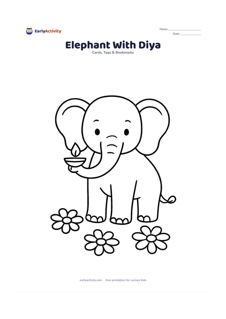 Worksheet: Draw a friendly Indian elephant facing forward, holding a small diya carefully in its raised trunk. Add three large flower shapes on the ground and leave the upper background mostly empty.