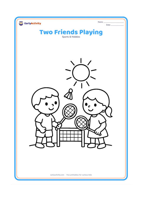Colouring page: Draw two children facing each other across a low badminton net, each holding a racket, with one shuttlecock above the net. Use a very simple outdoor ground and sun.