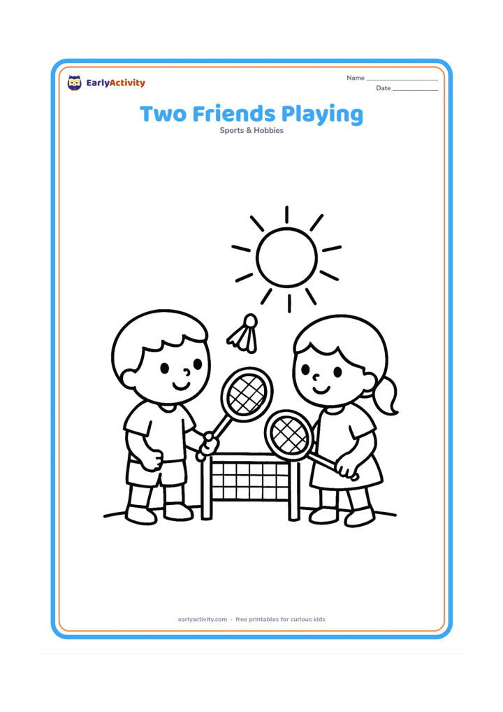 Colouring page: Draw two children facing each other across a low badminton net, each holding a racket, with one shuttlecock above the net. Use a very simple outdoor ground and sun.