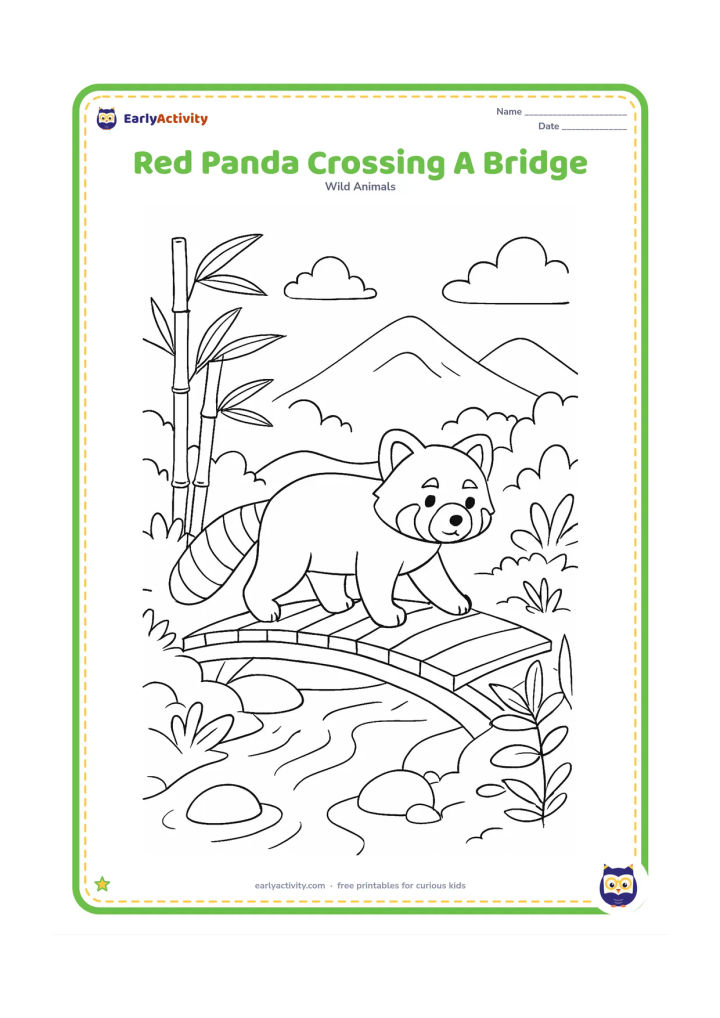 Colouring page: Draw a red panda walking across a simple wooden footbridge over a narrow Himalayan forest stream. Include bamboo, leafy plants, rounded stones and a few distant mountain slopes.