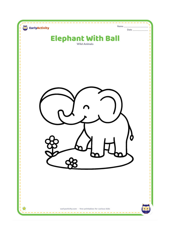 Colouring page: Draw a cheerful elephant gently touching a large round ball with the tip of its trunk. Place the elephant on a simple grassy patch with two small flowers.