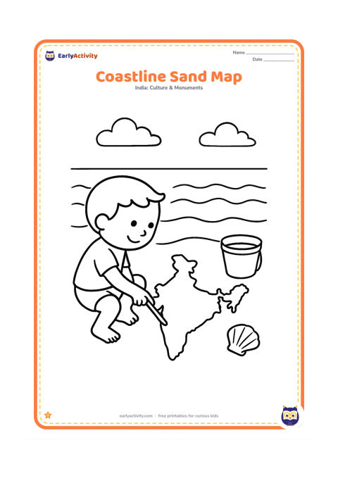 Colouring page: Draw a large India outline beside a simple beach scene with a child making a map shape in the sand using a stick. Include gentle waves, a bucket, a shell, and a broad open sky.