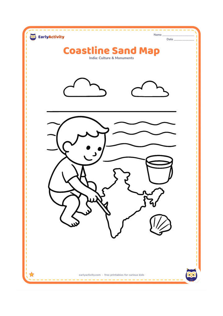 Colouring page: Draw a large India outline beside a simple beach scene with a child making a map shape in the sand using a stick. Include gentle waves, a bucket, a shell, and a broad open sky.