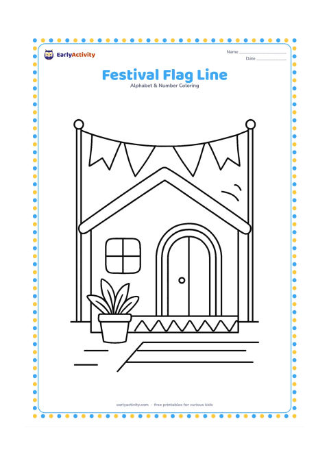 Colouring page: Draw a row of blank triangular flags hanging between two poles outside a cheerful home, with a potted plant and a few breeze lines. Include simple Indian-style doorway and floor patterns…