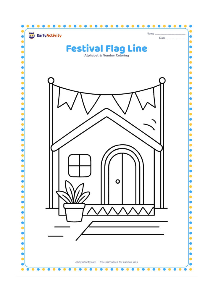 Colouring page: Draw a row of blank triangular flags hanging between two poles outside a cheerful home, with a potted plant and a few breeze lines. Include simple Indian-style doorway and floor patterns…