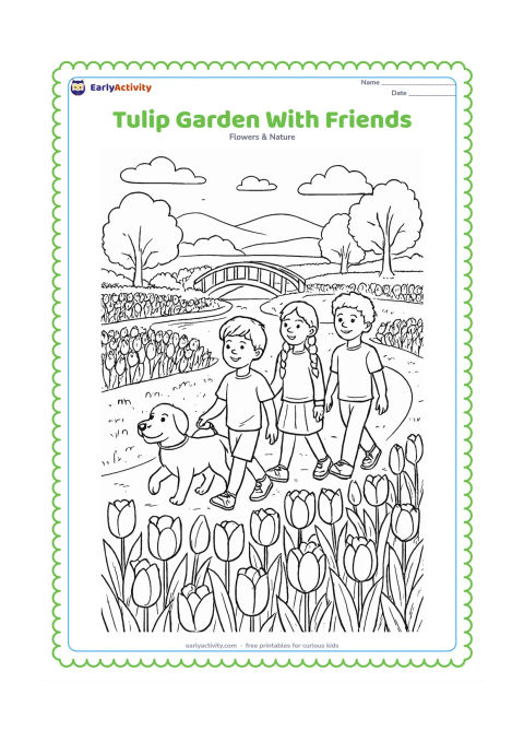 Colouring page: Draw three children and a friendly dog walking along a path through a large tulip garden, with flower beds, a curved bridge, a pond, trees and distant hills. Make the foreground tulips…