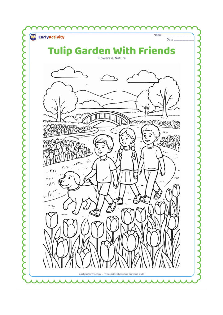 Colouring page: Draw three children and a friendly dog walking along a path through a large tulip garden, with flower beds, a curved bridge, a pond, trees and distant hills. Make the foreground tulips…