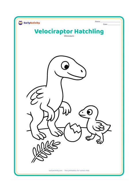 Colouring page: A small adult velociraptor watches a tiny feathered hatchling taking its first step beside a cracked eggshell. Place both figures on open ground with one fern.