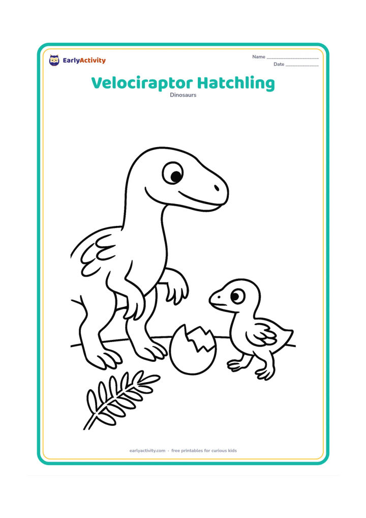 Colouring page: A small adult velociraptor watches a tiny feathered hatchling taking its first step beside a cracked eggshell. Place both figures on open ground with one fern.