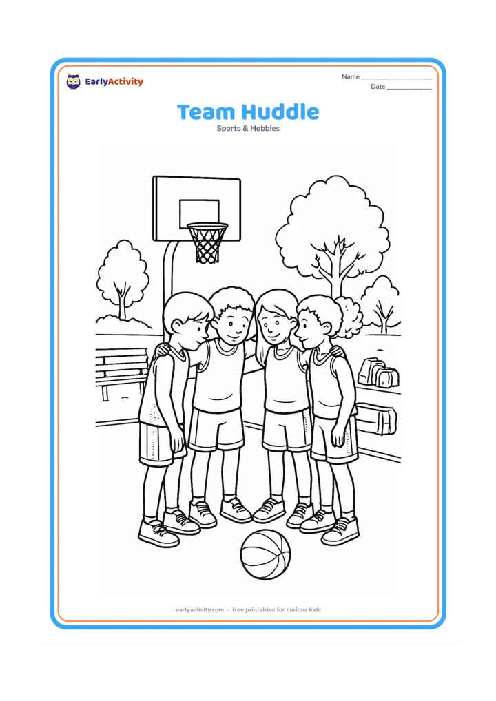 Colouring page: Five teammates gather in a supportive huddle beside their basketball court, with one ball on the ground, a hoop and net behind them, sports bags, benches, and a few trees. Clothing may…