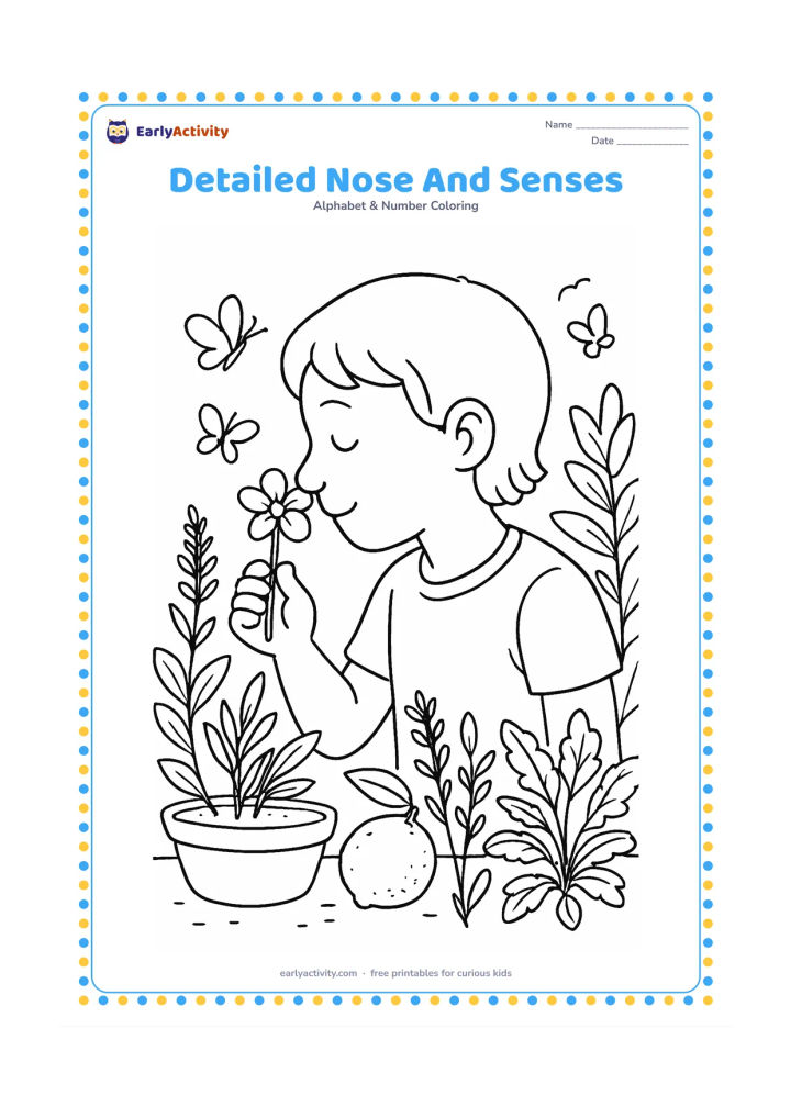 Colouring page: Draw a child exploring scents at a garden table, gently smelling a flower near a large clear side-profile nose. Include herbs, a citrus fruit, a small bowl, butterflies, and leafy plants.