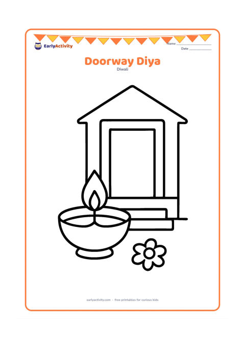 Colouring page: Draw one large diya placed beside a simple Indian home doorway, with a broad threshold, two steps, and a small flower shape near the lamp. Keep the home outline uncluttered.