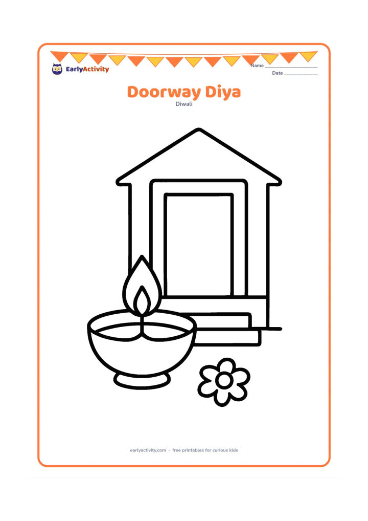 Colouring page: Draw one large diya placed beside a simple Indian home doorway, with a broad threshold, two steps, and a small flower shape near the lamp. Keep the home outline uncluttered.