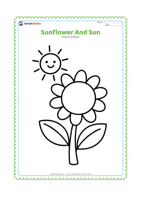 Colouring page: Draw one oversized sunflower below a cheerful sun, with a thick stem, two large leaves and a few broad rays behind it. Keep the flower head simple and round.