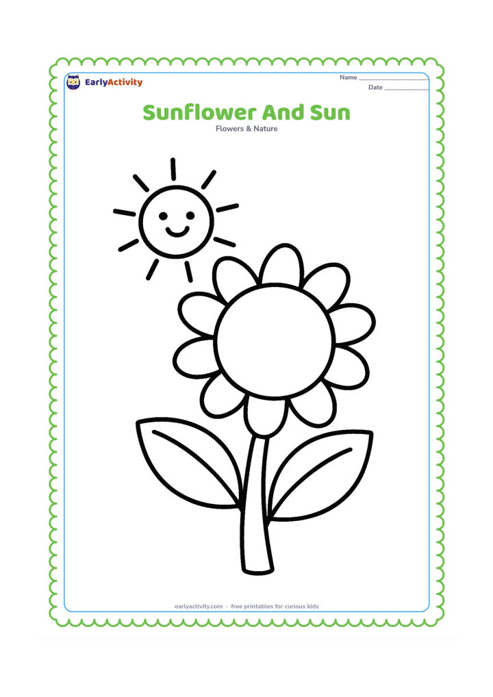 Colouring page: Draw one oversized sunflower below a cheerful sun, with a thick stem, two large leaves and a few broad rays behind it. Keep the flower head simple and round.