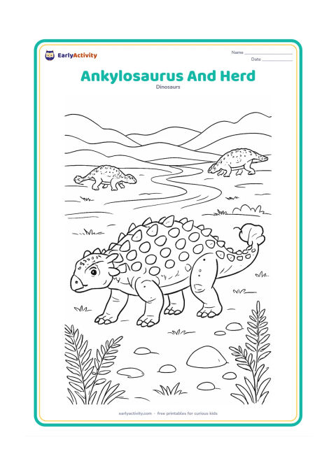 Colouring page: Show a main Ankylosaurus walking across a broad prehistoric plain with two more Ankylosaurs in the distance, each in a different pose. Add layered hills, ferns, scattered stones and a…