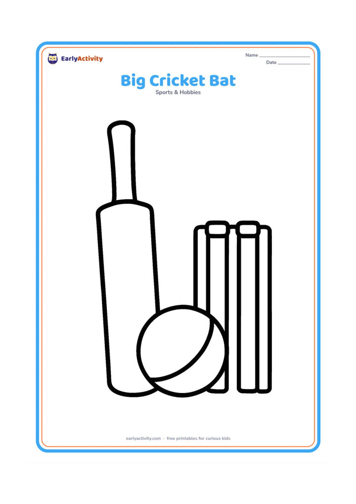 Colouring page: A large cricket bat standing beside one oversized cricket ball and a small pair of wickets. Use a plain open background with plenty of clear space around each object.