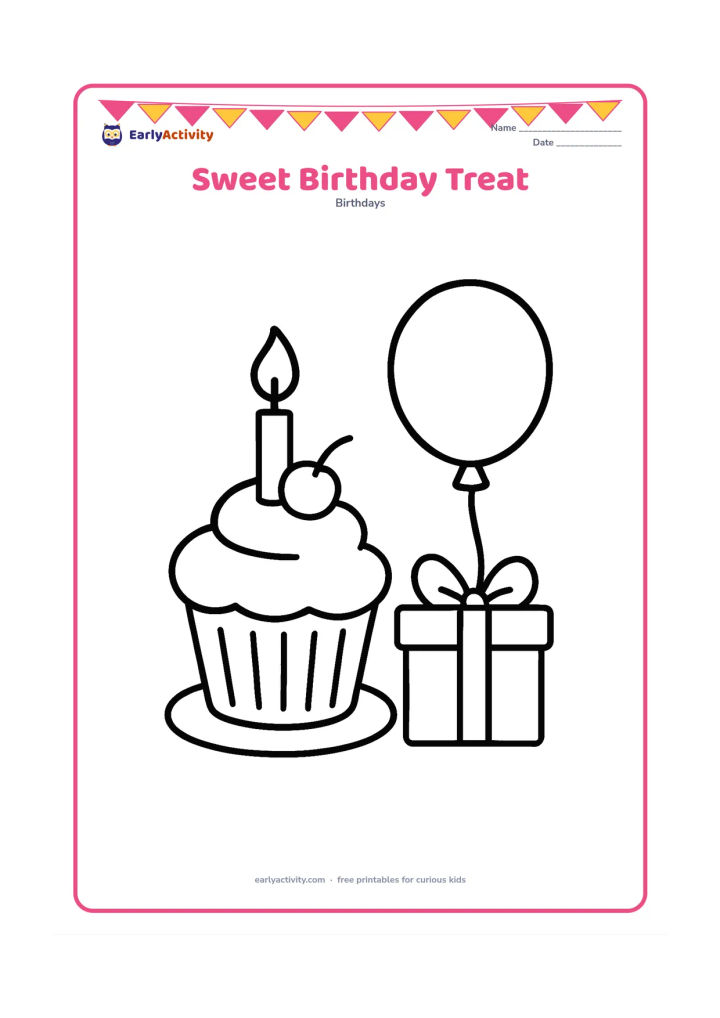 Colouring page: A large cupcake with frosting, a candle, and a cherry sits on a simple plate beside one balloon and a wrapped gift. Use a clear front-facing composition.