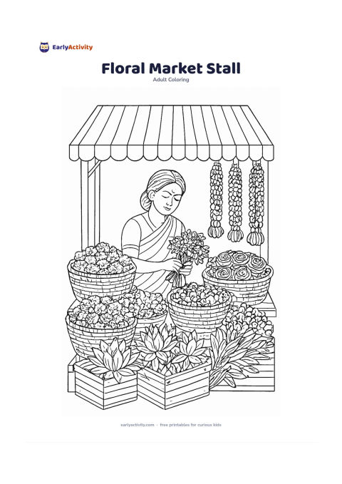 Colouring page: Draw an Indian flower market stall displaying baskets of marigolds, roses, lotus flowers and jasmine garlands, with a vendor arranging a bouquet. Include a striped canopy, wooden crates…