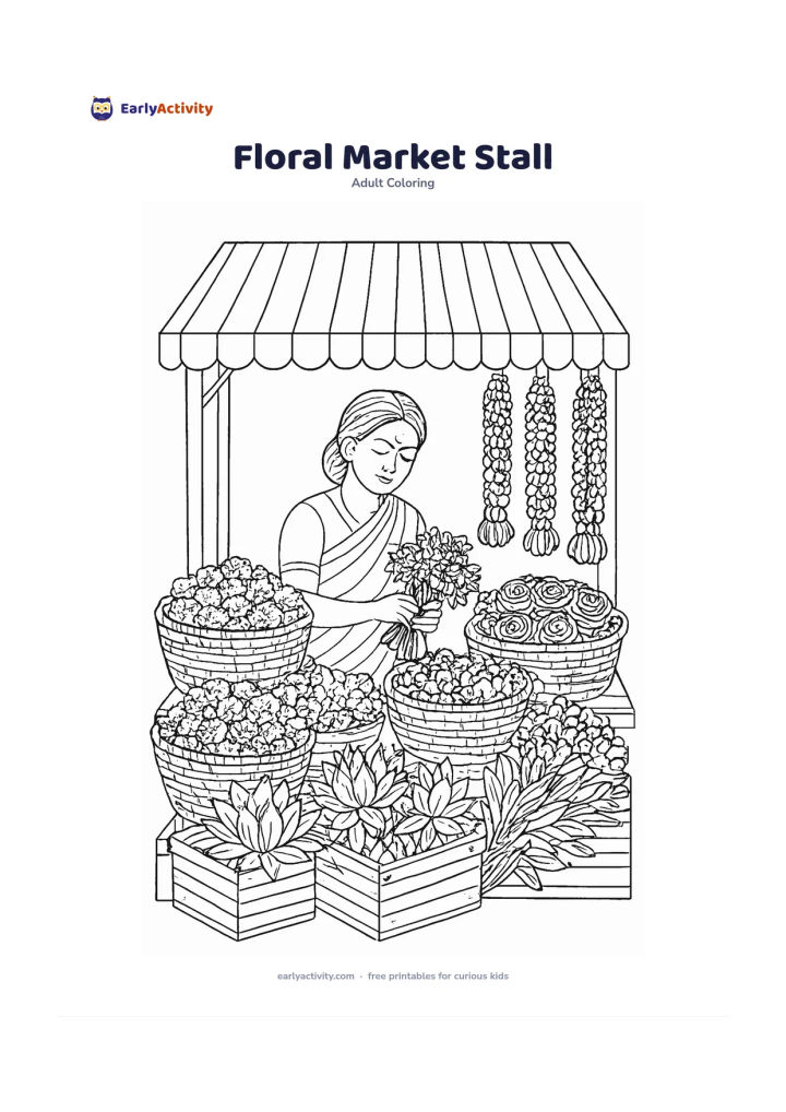 Colouring page: Draw an Indian flower market stall displaying baskets of marigolds, roses, lotus flowers and jasmine garlands, with a vendor arranging a bouquet. Include a striped canopy, wooden crates…