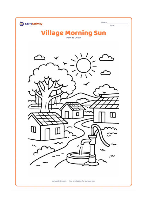 Worksheet: Draw a detailed Indian village morning scene with a round sun above tiled-roof houses, a large banyan tree, a hand pump, a footpath and distant fields. Add a few birds and small clouds…